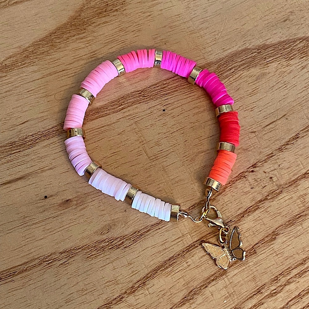 Beautiful ombré pink handmade Heishi charm bracelet